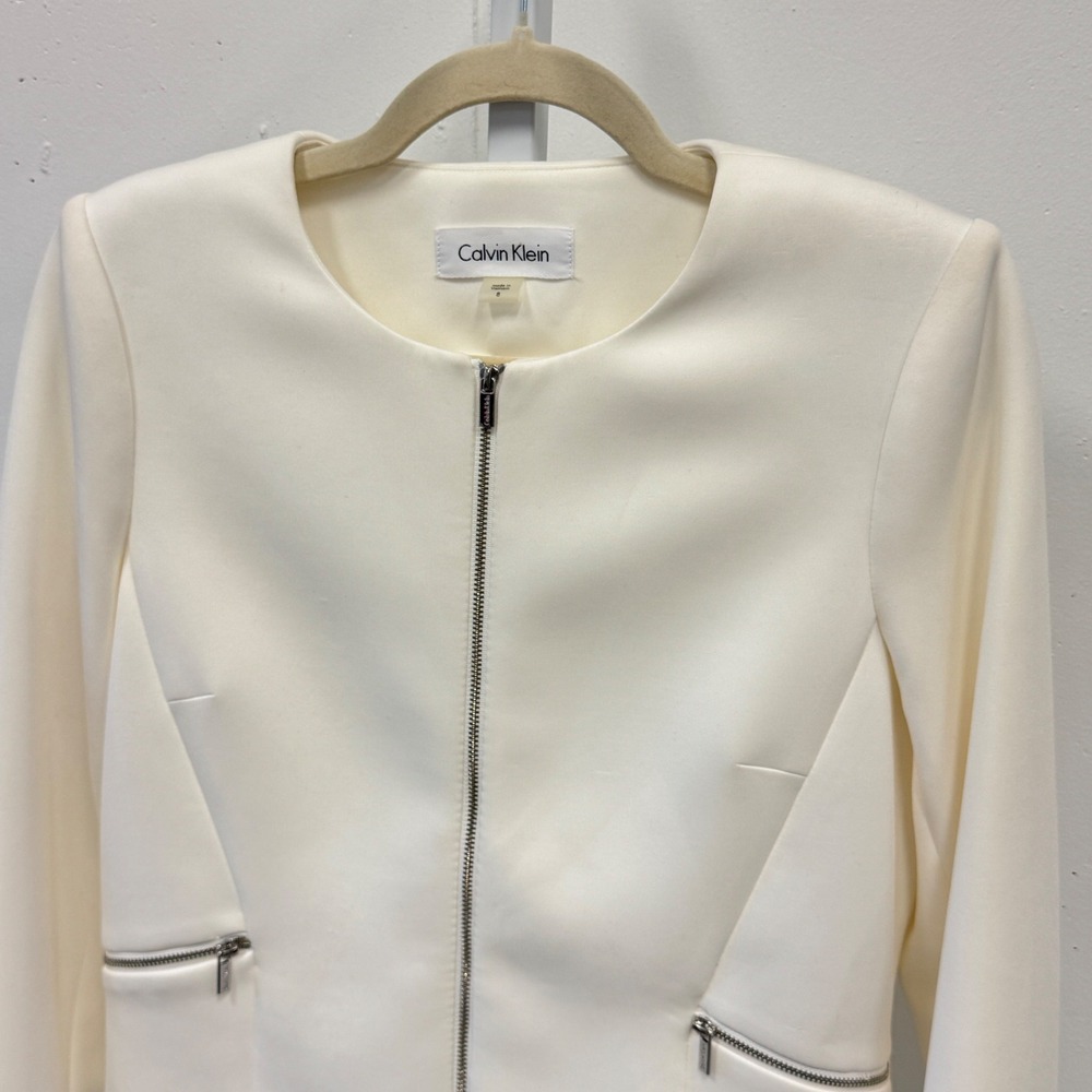 Calvin Klein Off White Ivory Zip Front Collarless Blazer Jacket Size 8 Summer - Picture 4 of 10